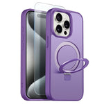 NORTHJO For iPhone 15 Pro Case with Invisible Magnetic O-Ring Stand Compatible with MagSafe Translucent Matte Shockproof Phone Cover with Tempered Glass Film