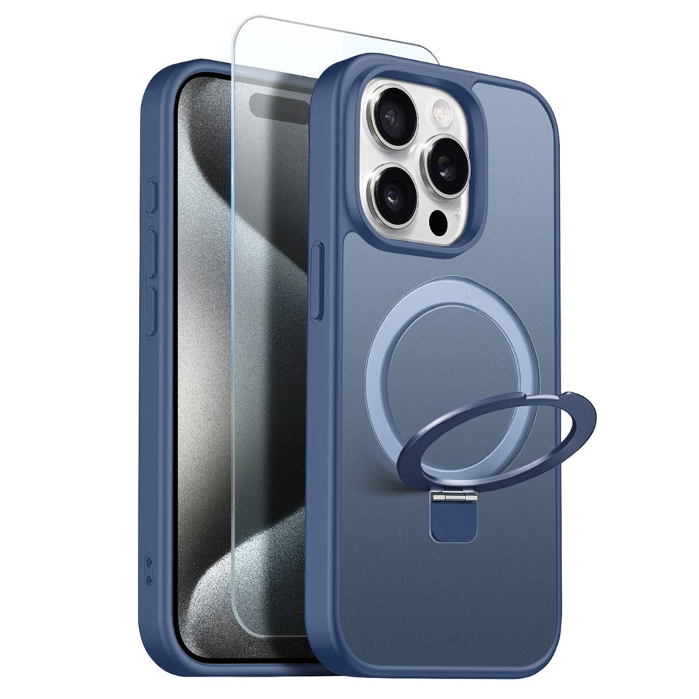 NORTHJO For iPhone 15 Pro Max Case with Invisible Magnetic O-Ring Stand Compatible with MagSafe Translucent Matte Shockproof Phone Cover with Tempered Glass Film