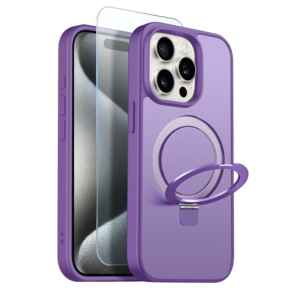 NORTHJO For iPhone 15 Pro Max Case with Invisible Magnetic O-Ring Stand Compatible with MagSafe Translucent Matte Shockproof Phone Cover with Tempered Glass Film