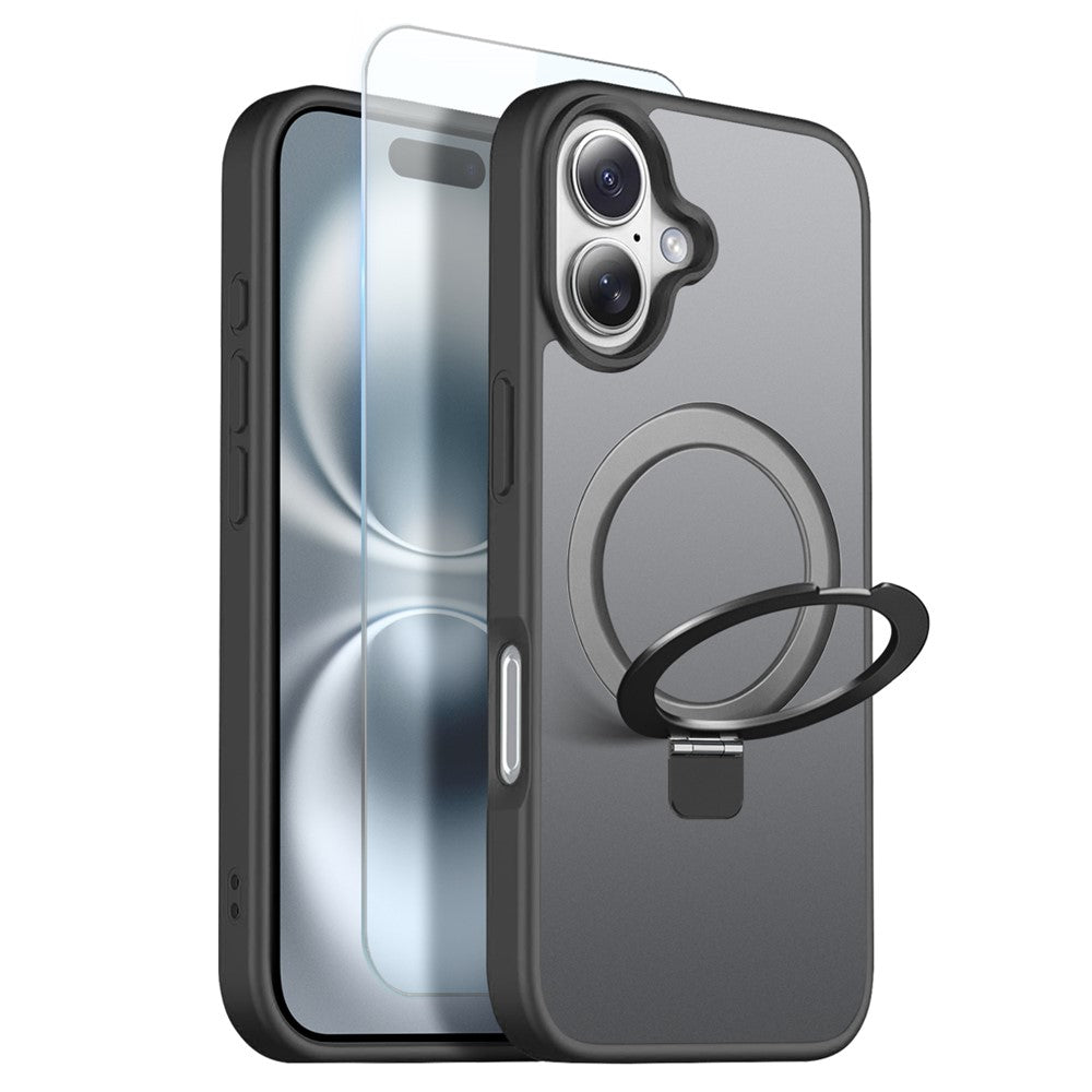 NORTHJO For iPhone 16 Plus Case with Invisible Magnetic O-Ring Stand Compatible with MagSafe Translucent Matte Shockproof Phone Cover with Tempered Glass Film