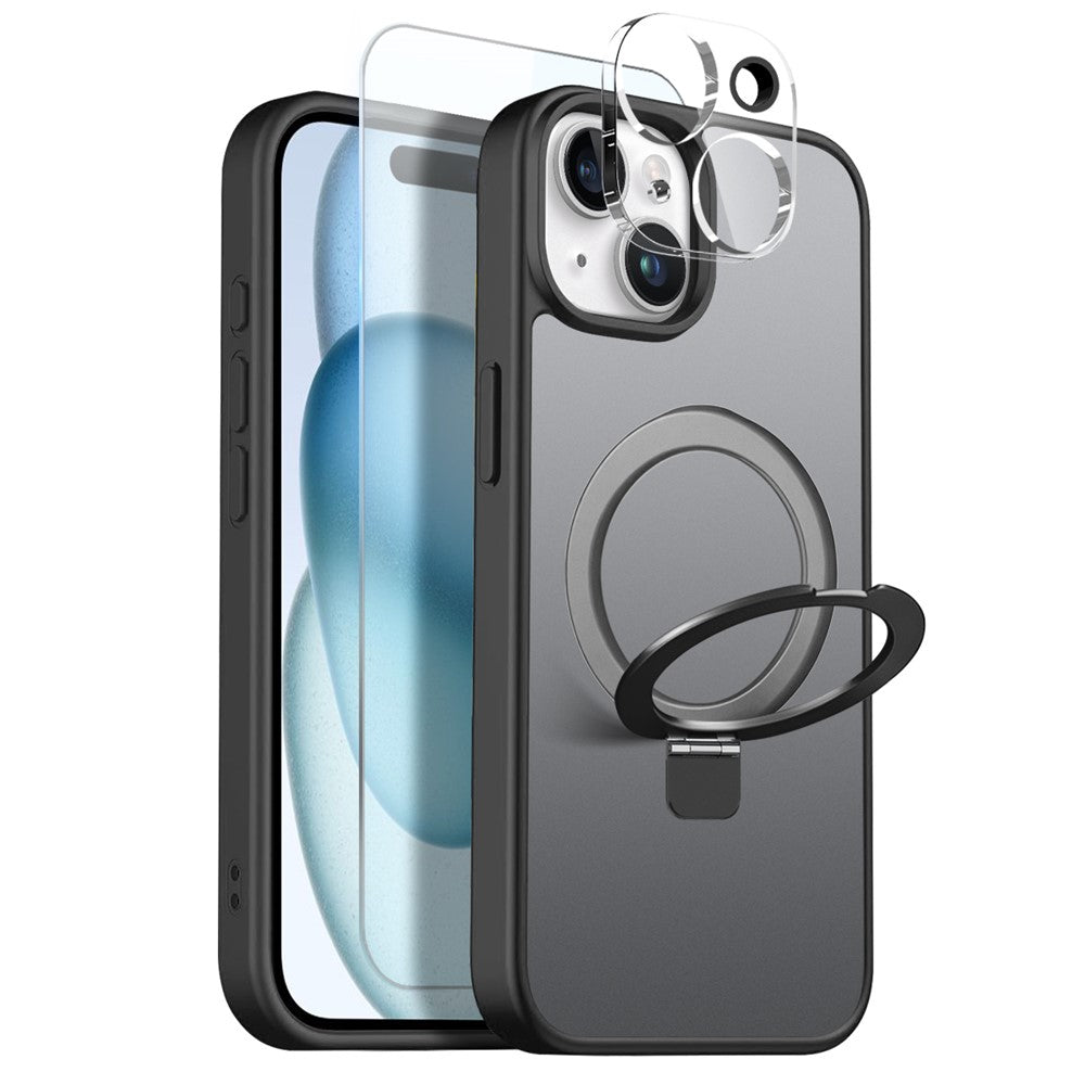 NORTHJO Skal för iPhone 15 med magnetiskt O-ringsställ, kompatibelt med MagSafe, genomskinligt matt, stötsäkert mobilskal med härdat glas + linsfilm