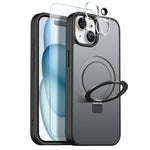 NORTHJO-cover til iPhone 15 med magnetisk O-ring-stativ, kompatibelt med MagSafe, gennemsigtigt mat, stødsikkert mobilcover med hærdet glas + linsefilm