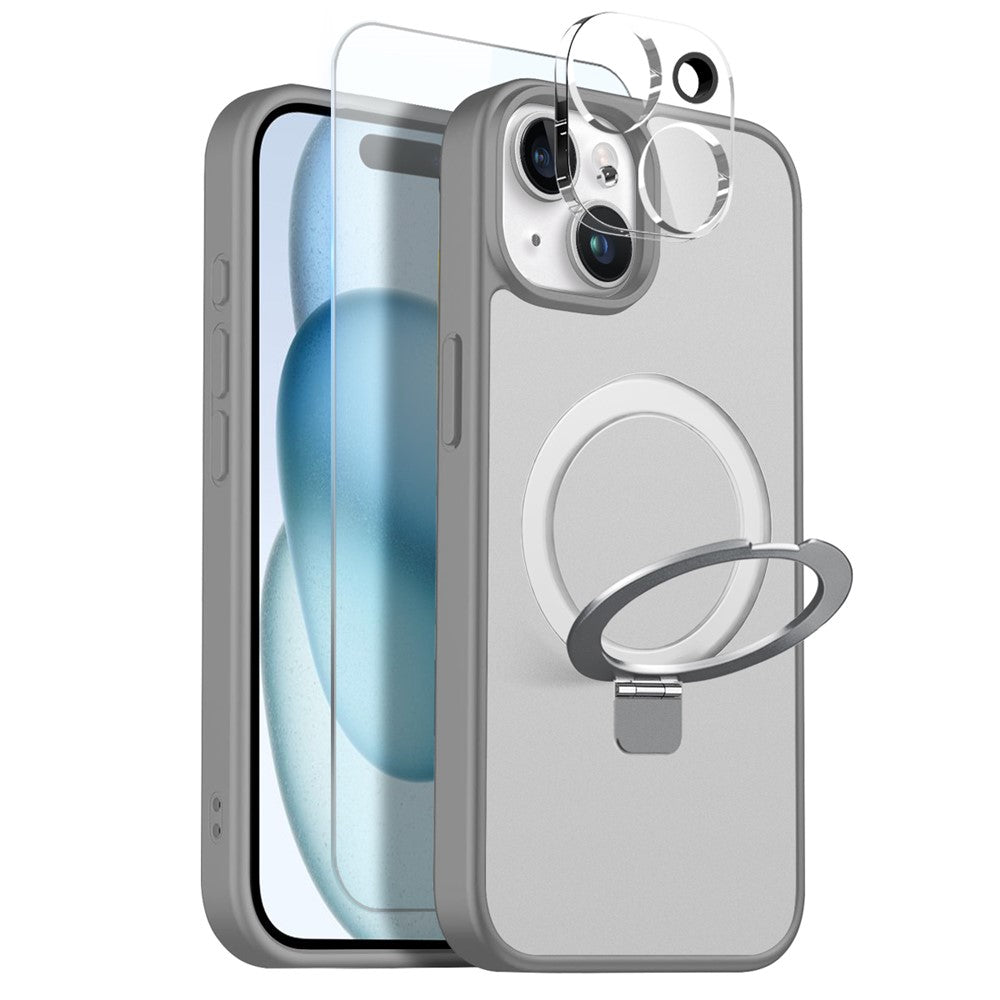 NORTHJO-cover til iPhone 15 med magnetisk O-ring-stativ, kompatibelt med MagSafe, gennemsigtigt mat, stødsikkert mobilcover med hærdet glas + linsefilm