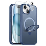 NORTHJO-cover til iPhone 15 med magnetisk O-ring-stativ, kompatibelt med MagSafe, gennemsigtigt mat, stødsikkert mobilcover med hærdet glas + linsefilm