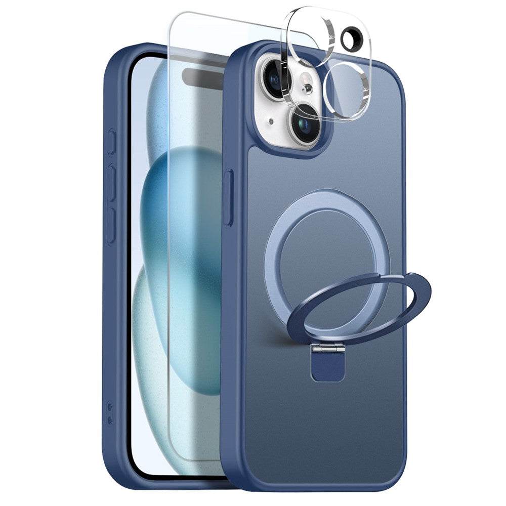 NORTHJO-cover til iPhone 15 med magnetisk O-ring-stativ, kompatibelt med MagSafe, gennemsigtigt mat, stødsikkert mobilcover med hærdet glas + linsefilm