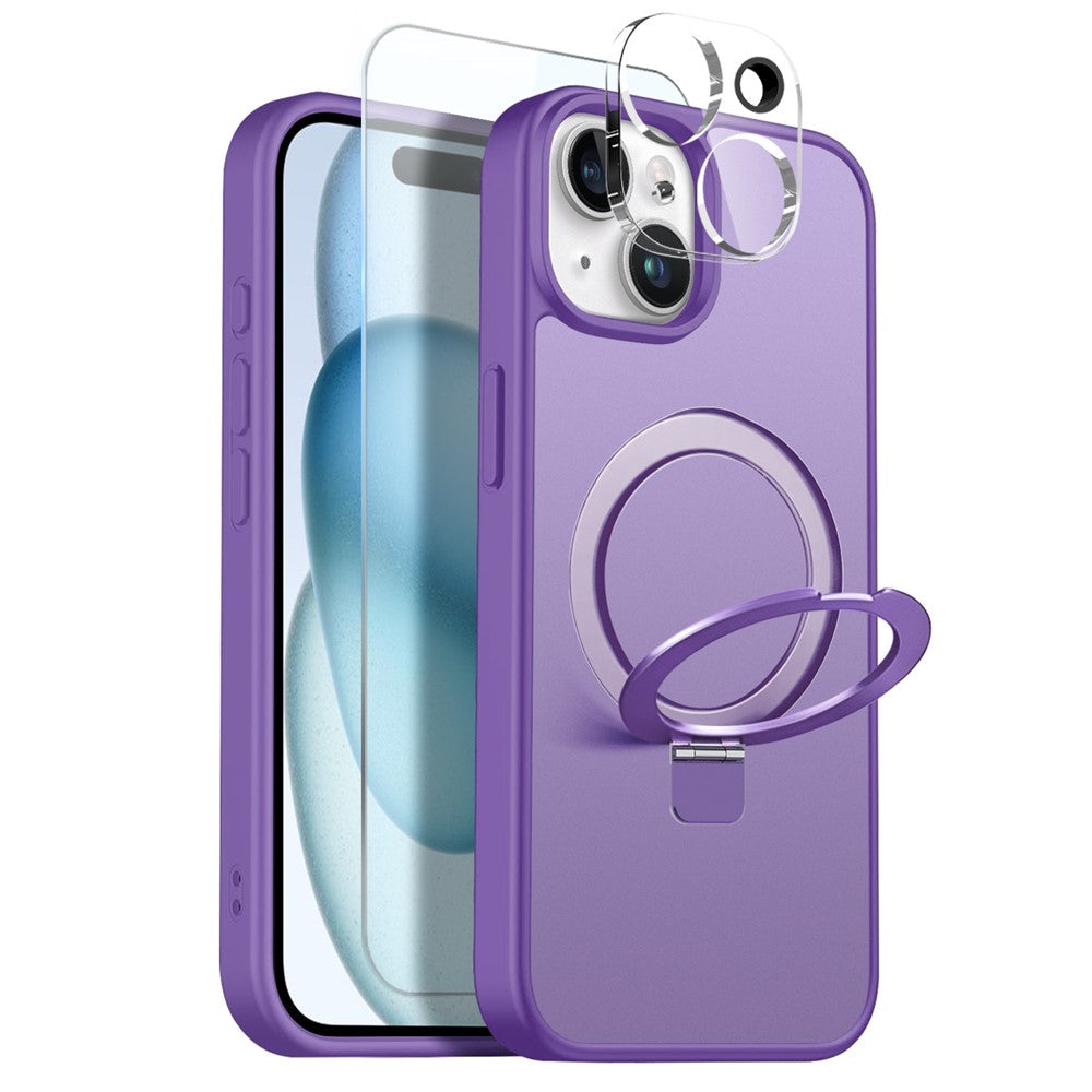 NORTHJO-cover til iPhone 15 med magnetisk O-ring-stativ, kompatibelt med MagSafe, gennemsigtigt mat, stødsikkert mobilcover med hærdet glas + linsefilm