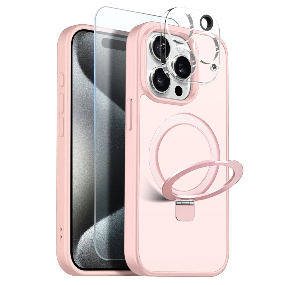 NORTHJO-cover til iPhone 15 Pro med magnetisk O-ringstativ, kompatibelt med MagSafe, gennemsigtigt, mat, stødsikkert mobilcover med hærdet glas + linsefilm