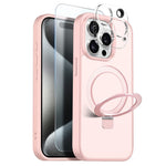 NORTHJO-cover til iPhone 15 Pro med magnetisk O-ringstativ, kompatibelt med MagSafe, gennemsigtigt, mat, stødsikkert mobilcover med hærdet glas + linsefilm