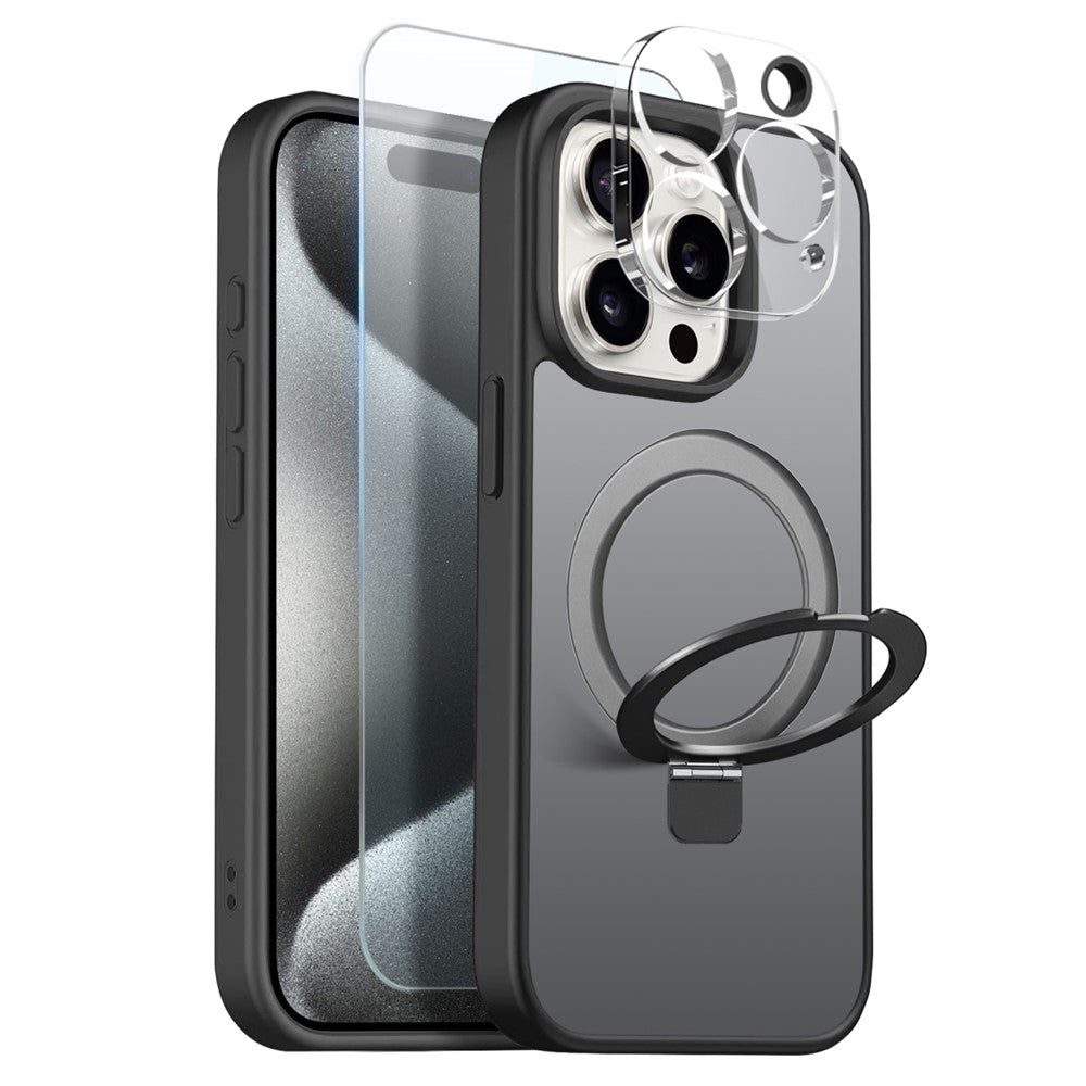 NORTHJO-cover til iPhone 15 Pro med magnetisk O-ringstativ, kompatibelt med MagSafe, gennemsigtigt, mat, stødsikkert mobilcover med hærdet glas + linsefilm