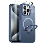 NORTHJO-cover til iPhone 15 Pro med magnetisk O-ringstativ, kompatibelt med MagSafe, gennemsigtigt, mat, stødsikkert mobilcover med hærdet glas + linsefilm