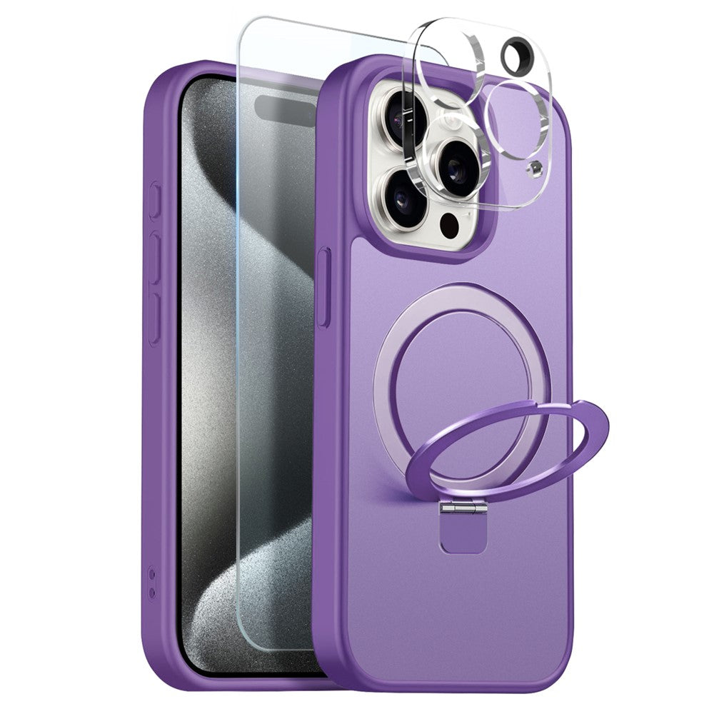NORTHJO-cover til iPhone 15 Pro med magnetisk O-ringstativ, kompatibelt med MagSafe, gennemsigtigt, mat, stødsikkert mobilcover med hærdet glas + linsefilm