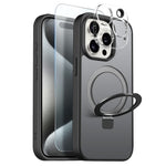 NORTHJO For iPhone 15 Pro Max Case with Magnetic O-Ring Stand Compatible with MagSafe Translucent Matte Shockproof Phone Cover with Tempered Glass Film + Lens Film
