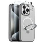 NORTHJO For iPhone 15 Pro Max Case with Magnetic O-Ring Stand Compatible with MagSafe Translucent Matte Shockproof Phone Cover with Tempered Glass Film + Lens Film