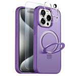 NORTHJO For iPhone 15 Pro Max Case with Magnetic O-Ring Stand Compatible with MagSafe Translucent Matte Shockproof Phone Cover with Tempered Glass Film + Lens Film