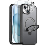 NORTHJO Cover til iPhone 15 med magnetisk stativ kompatibel med MagSafe Gennemsigtigt mat stødsikkert telefoncover med 2 stk. skærmbeskytter i hærdet glas + 2 stk. linsefilm