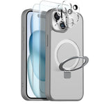 NORTHJO Cover til iPhone 15 med magnetisk stativ kompatibel med MagSafe Gennemsigtigt mat stødsikkert telefoncover med 2 stk. skærmbeskytter i hærdet glas + 2 stk. linsefilm