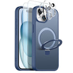 NORTHJO Cover til iPhone 15 med magnetisk stativ kompatibel med MagSafe Gennemsigtigt mat stødsikkert telefoncover med 2 stk. skærmbeskytter i hærdet glas + 2 stk. linsefilm