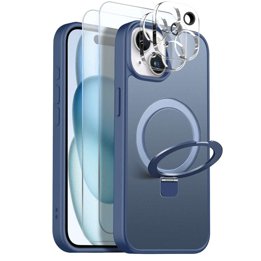 NORTHJO Cover til iPhone 15 med magnetisk stativ kompatibel med MagSafe Gennemsigtigt mat stødsikkert telefoncover med 2 stk. skærmbeskytter i hærdet glas + 2 stk. linsefilm