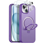 NORTHJO Cover til iPhone 15 med magnetisk stativ kompatibel med MagSafe Gennemsigtigt mat stødsikkert telefoncover med 2 stk. skærmbeskytter i hærdet glas + 2 stk. linsefilm