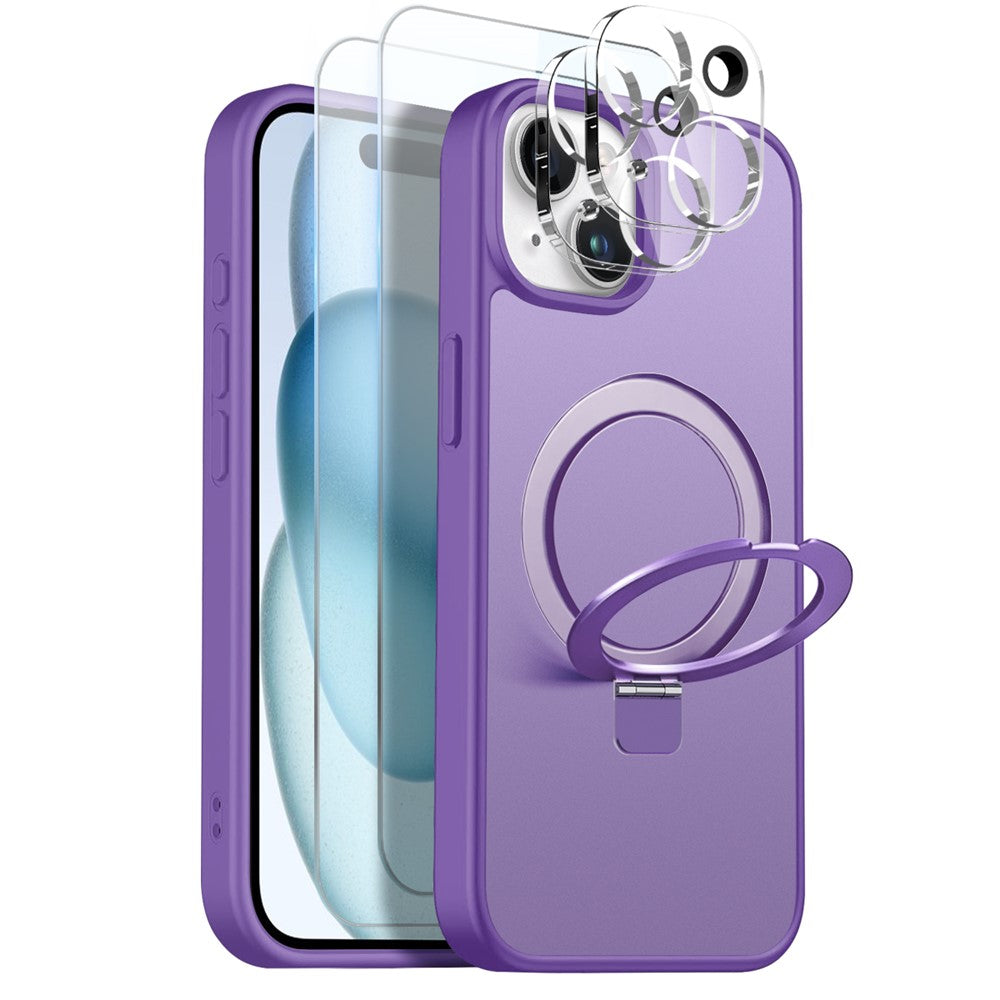 NORTHJO Cover til iPhone 15 med magnetisk stativ kompatibel med MagSafe Gennemsigtigt mat stødsikkert telefoncover med 2 stk. skærmbeskytter i hærdet glas + 2 stk. linsefilm