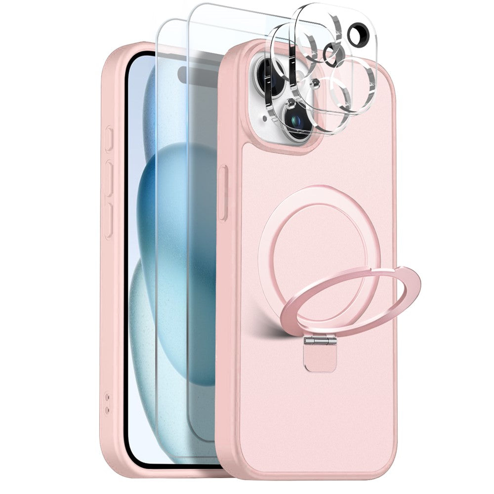 NORTHJO iPhone 15 Plus-skal med magnetiskt stativ kompatibelt med MagSafe, genomskinligt matt stötsäkert telefonskal med 2 st skärmskydd i härdat glas + 2 st linsskydd