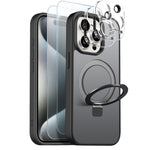 NORTHJO til iPhone 15 Pro Max cover med magnetisk stander kompatibel med MagSafe gennemskinneligt mat stødsikkert telefoncover med 2 stk. hærdet glasbeskyttelse + 2 stk. linsefilm
