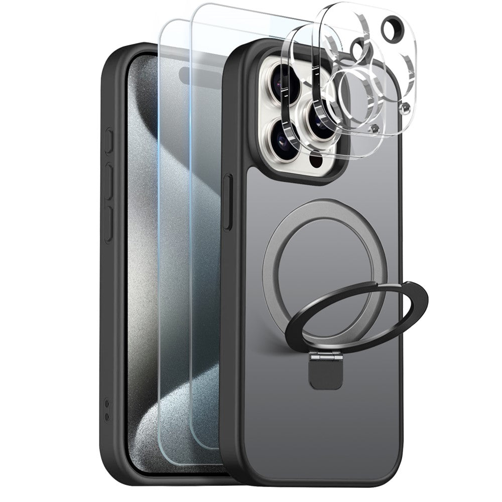 NORTHJO til iPhone 15 Pro Max cover med magnetisk stander kompatibel med MagSafe gennemskinneligt mat stødsikkert telefoncover med 2 stk. hærdet glasbeskyttelse + 2 stk. linsefilm
