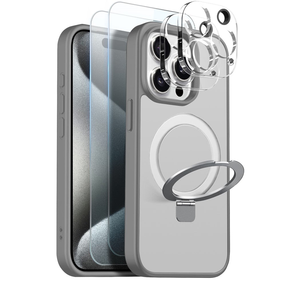 NORTHJO til iPhone 15 Pro Max cover med magnetisk stander kompatibel med MagSafe gennemskinneligt mat stødsikkert telefoncover med 2 stk. hærdet glasbeskyttelse + 2 stk. linsefilm