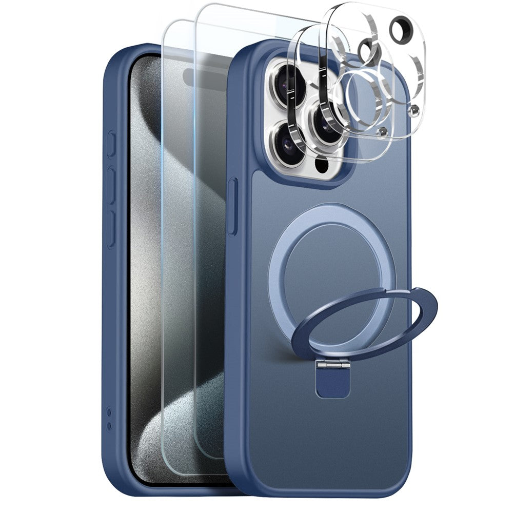 NORTHJO til iPhone 15 Pro Max cover med magnetisk stander kompatibel med MagSafe gennemskinneligt mat stødsikkert telefoncover med 2 stk. hærdet glasbeskyttelse + 2 stk. linsefilm