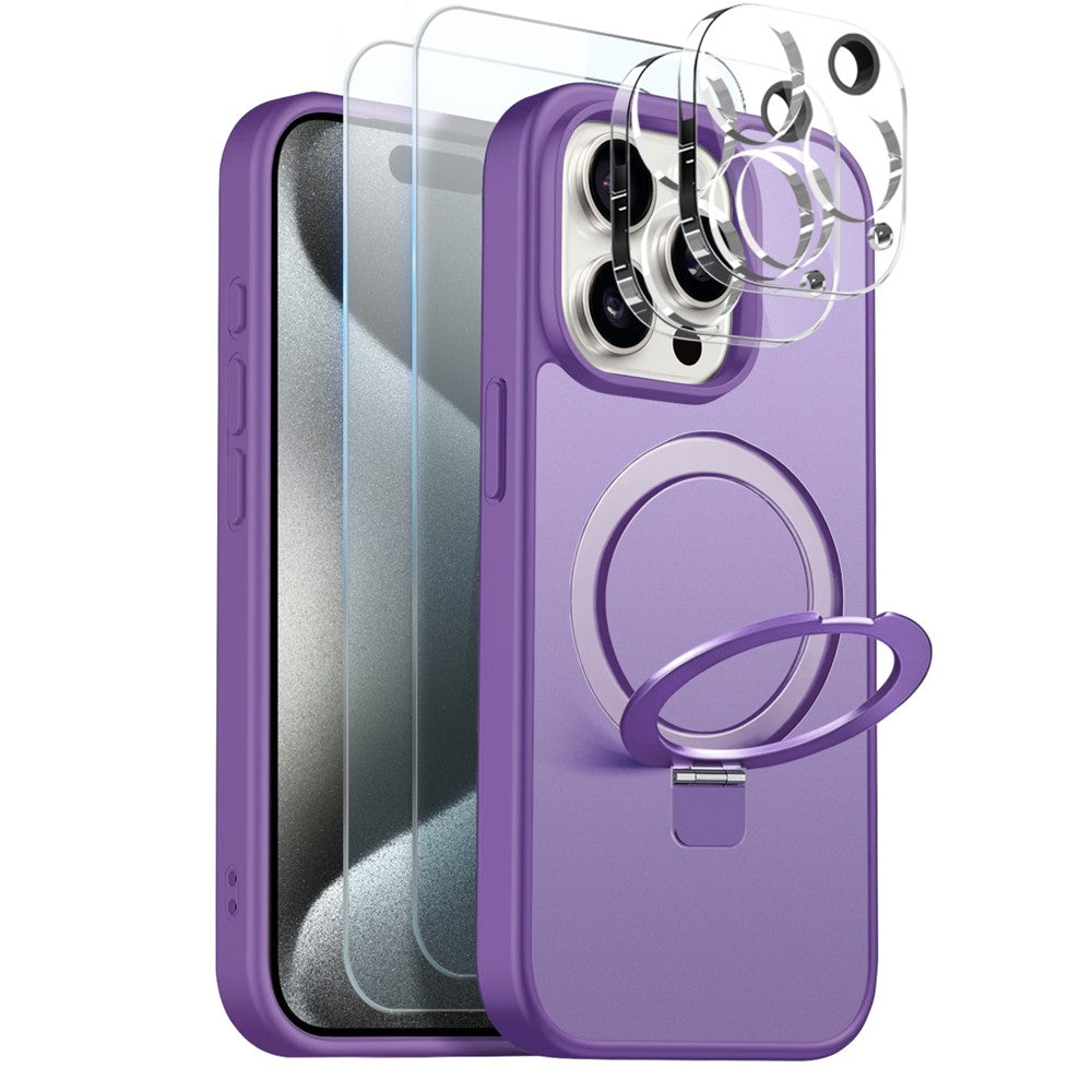 NORTHJO til iPhone 15 Pro Max cover med magnetisk stander kompatibel med MagSafe gennemskinneligt mat stødsikkert telefoncover med 2 stk. hærdet glasbeskyttelse + 2 stk. linsefilm