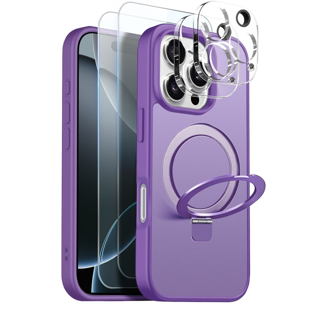 NORTHJO For iPhone 16 Pro Case with Magnetic Stand Compatible with MagSafe Translucent Matte Shockproof Phone Cover with 2Pcs Tempered Glass Protector + 2Pcs Lens Film