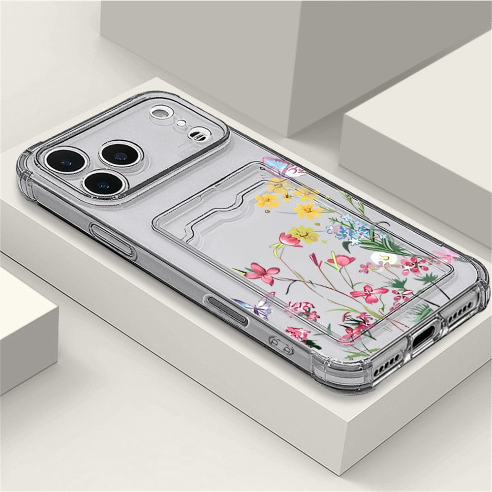 For iPhone 17 Pro Max Case Floral Pattern Transparent TPU Soft Protective Back Cover with Card Holder