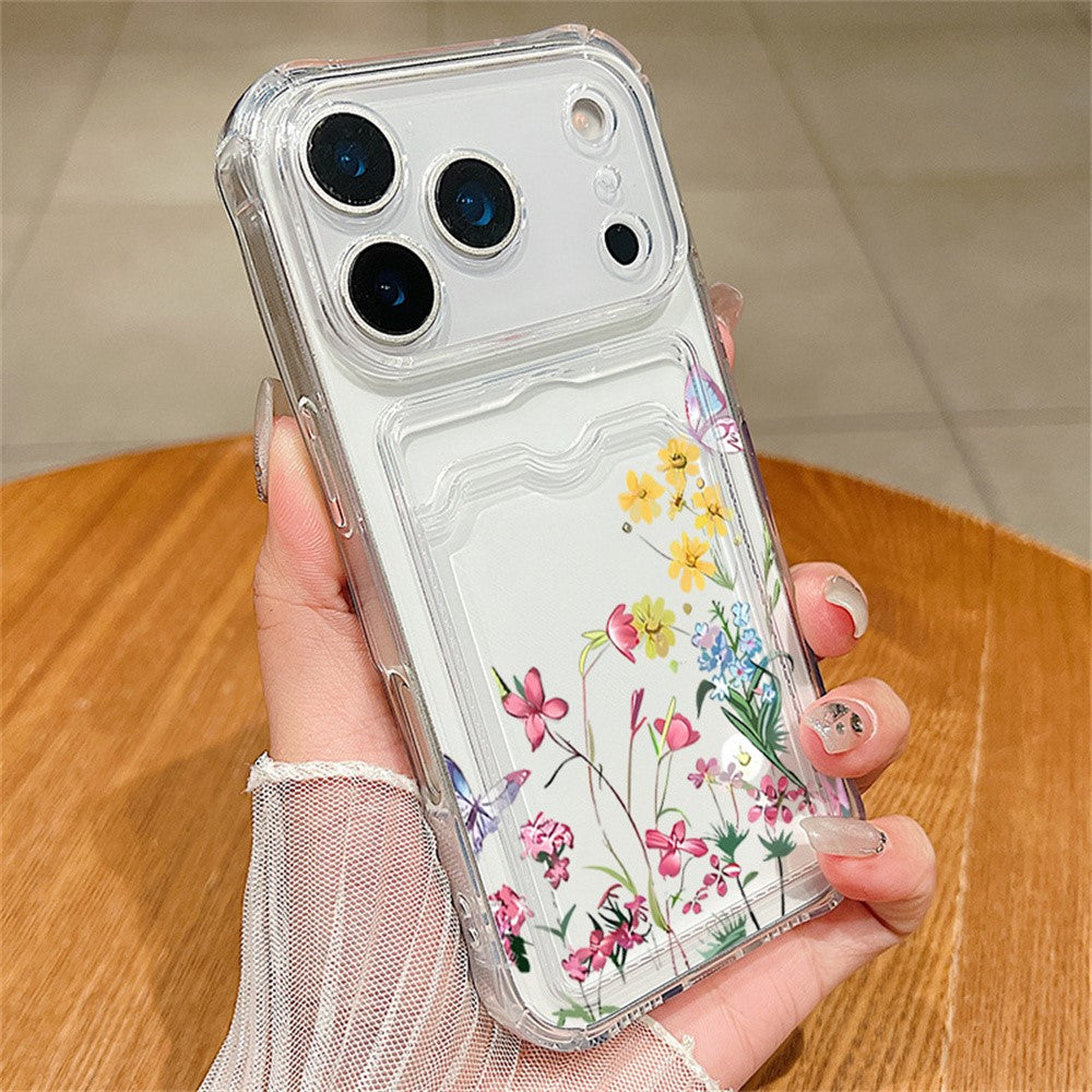 For iPhone 17 Pro Max Case Floral Pattern Transparent TPU Soft Protective Back Cover with Card Holder