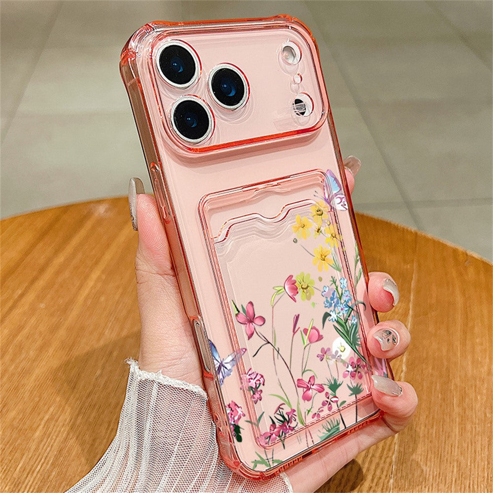 For iPhone 17 Pro Max Case Floral Pattern Transparent TPU Soft Protective Back Cover with Card Holder