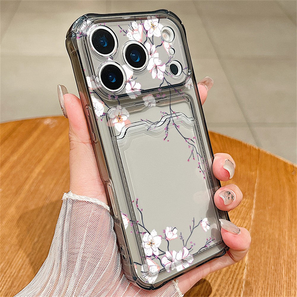 For iPhone 17 Pro Max Case Floral Pattern Transparent TPU Soft Protective Back Cover with Card Holder