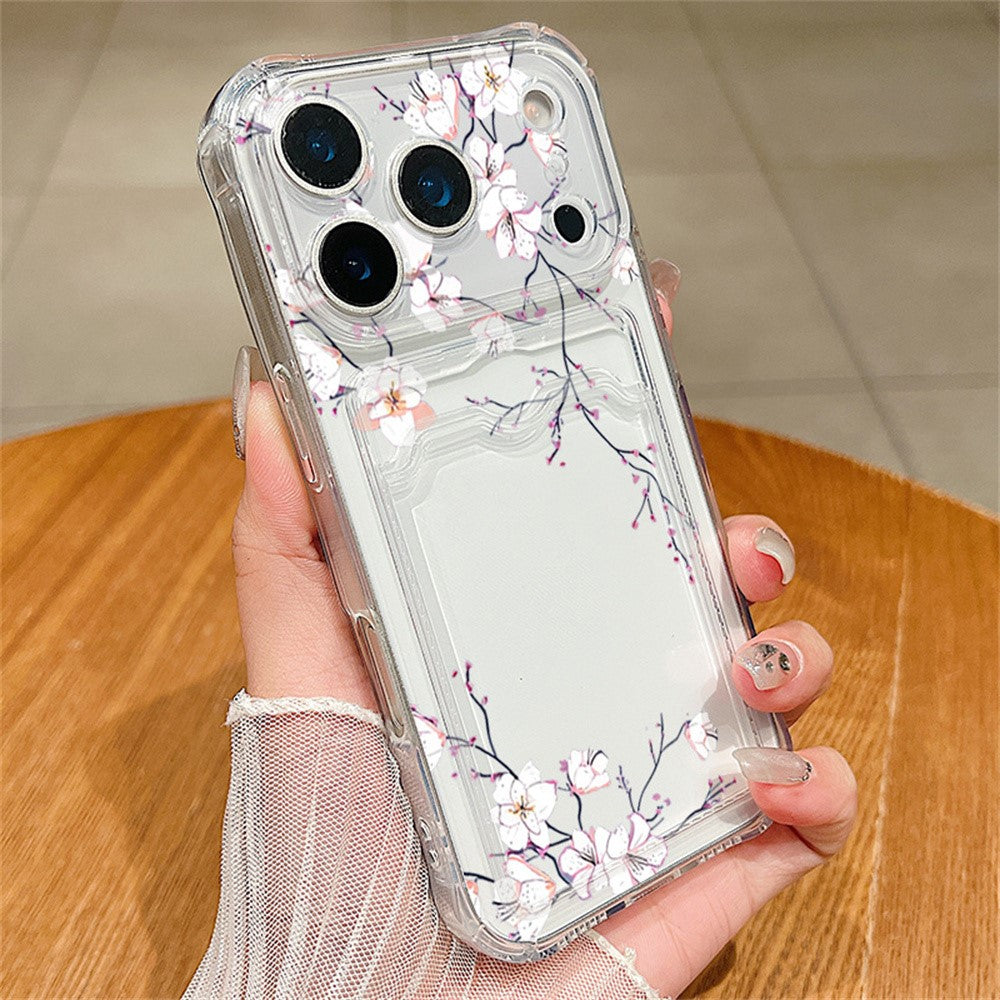 For iPhone 17 Pro Max Case Floral Pattern Transparent TPU Soft Protective Back Cover with Card Holder