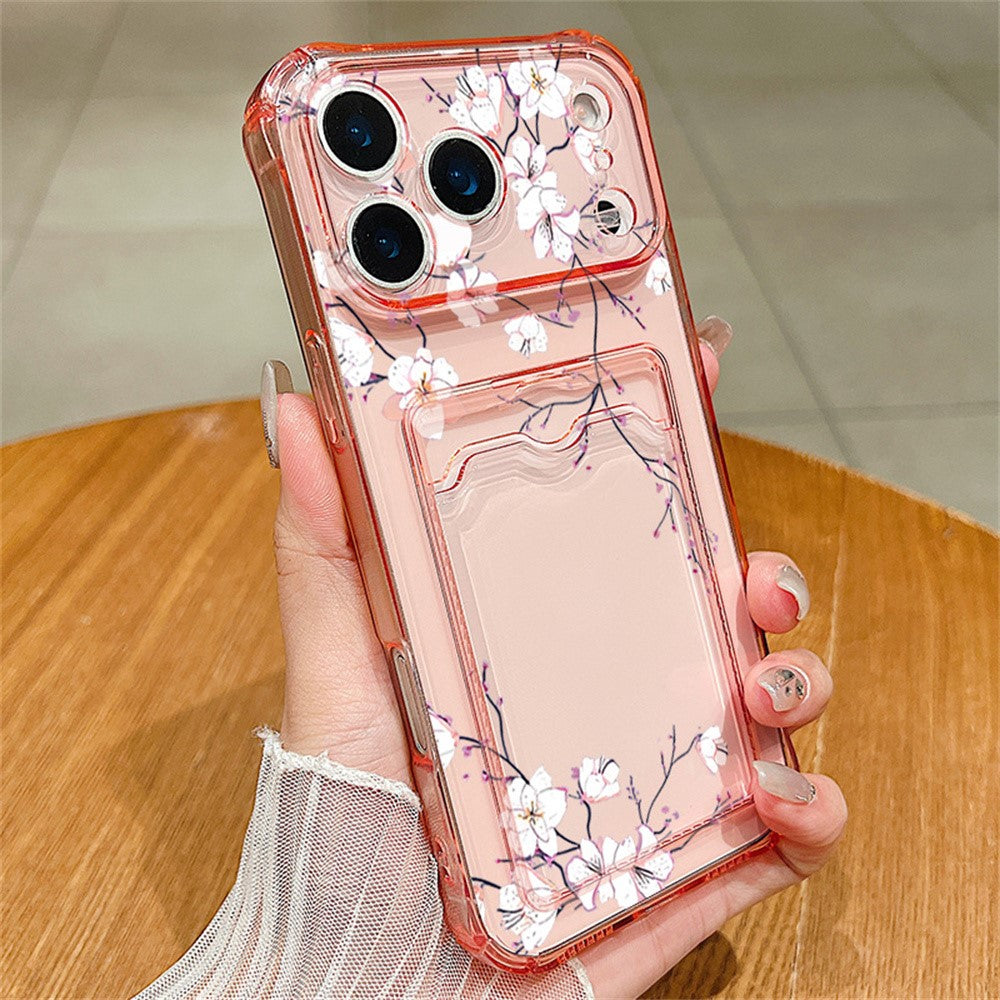 For iPhone 17 Pro Max Case Floral Pattern Transparent TPU Soft Protective Back Cover with Card Holder
