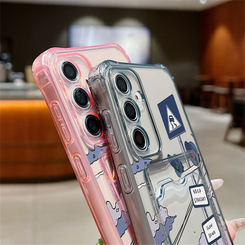For Samsung Galaxy S25 Case Road Sign Design Corner Protection Clear TPU Back Cover with Card Slot