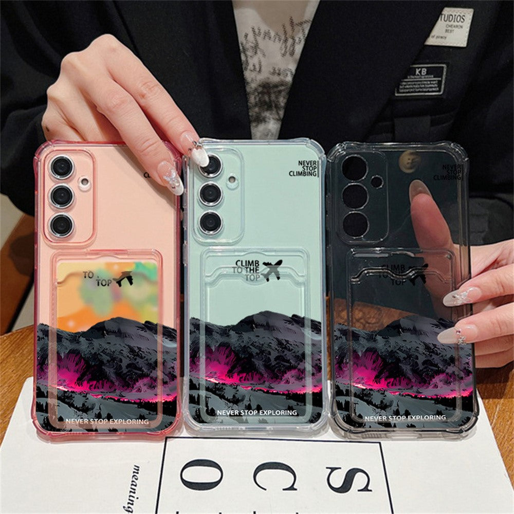 Til Samsung Galaxy S25 cover med bjergmønster og forstærkede hjørner TPU-telefoncover med kortlomme