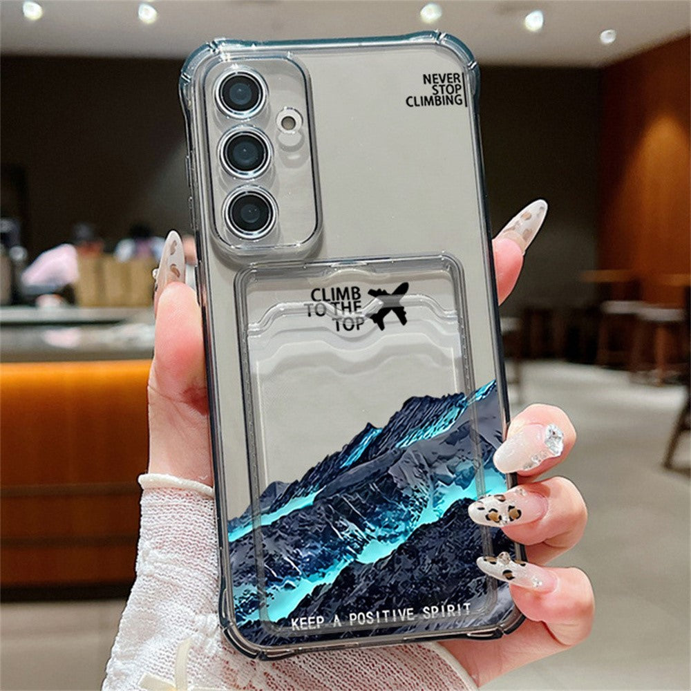 Til Samsung Galaxy S25 cover med bjergmønster og forstærkede hjørner TPU-telefoncover med kortlomme
