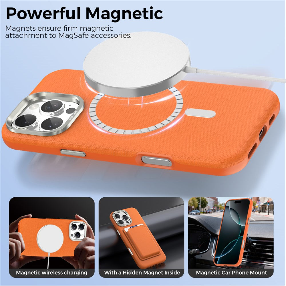 For iPhone 16 Pro Max Magnetic Case Fine Grid Texture Leather Coated TPU PC Phone Cover with Metal Lens Frame