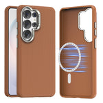 For Samsung Galaxy S26 Ultra Magnetic Case Fine Grid Texture Leather Coated TPU PC Phone Cover with Metal Lens Frame