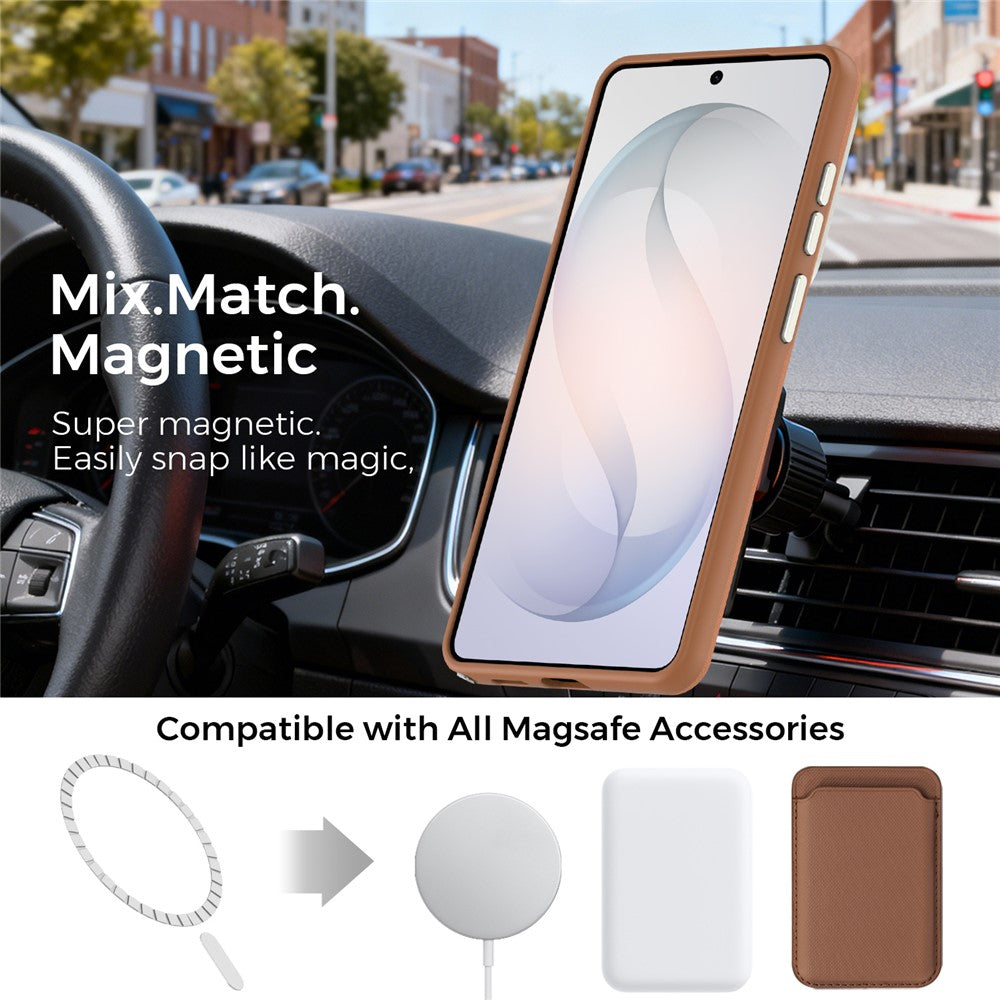 For Samsung Galaxy S26 Ultra Magnetic Case Fine Grid Texture Leather Coated TPU PC Phone Cover with Metal Lens Frame
