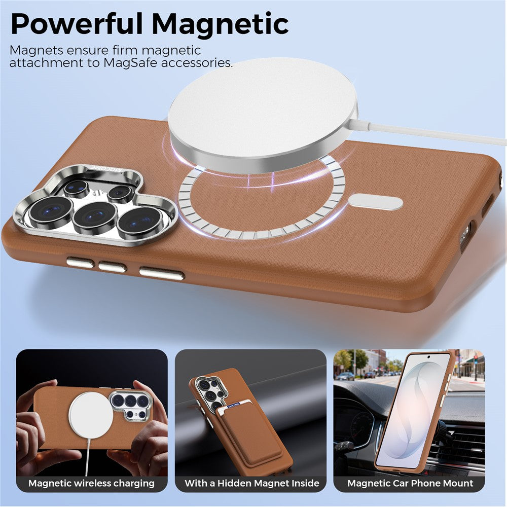 For Samsung Galaxy S26 Ultra Magnetic Case Fine Grid Texture Leather Coated TPU PC Phone Cover with Metal Lens Frame