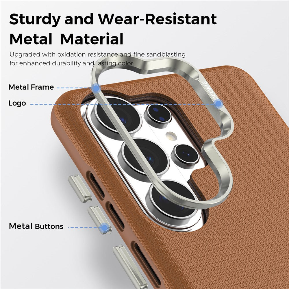 For Samsung Galaxy S26 Ultra Magnetic Case Fine Grid Texture Leather Coated TPU PC Phone Cover with Metal Lens Frame