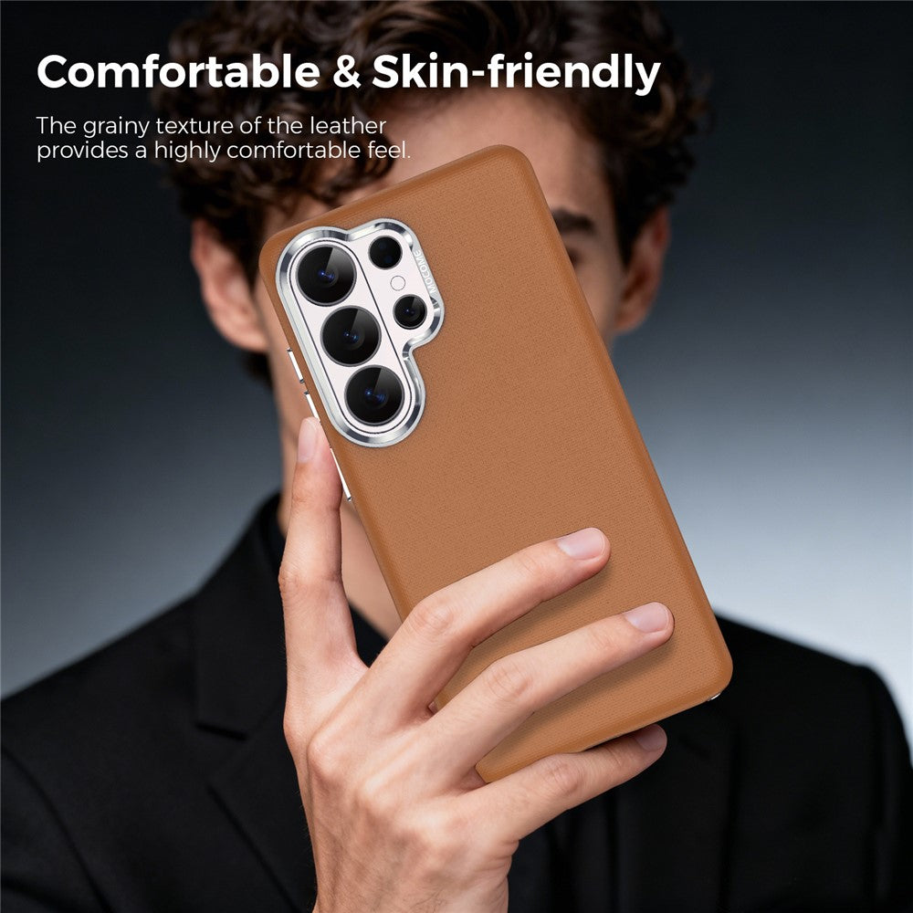 For Samsung Galaxy S26 Ultra Magnetic Case Fine Grid Texture Leather Coated TPU PC Phone Cover with Metal Lens Frame