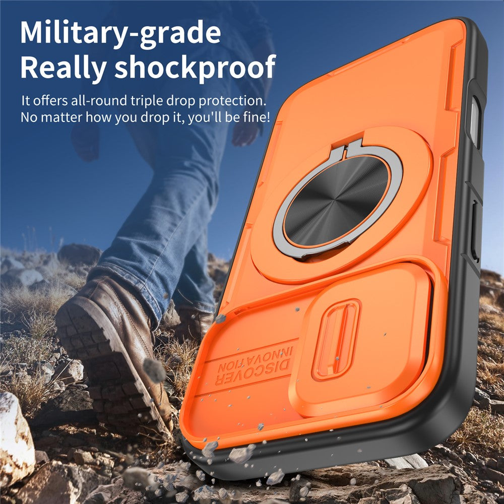 For iPhone 17 Magnetic Case Slide Camera Cover Rotary Kickstand PC + TPU Phone Shell