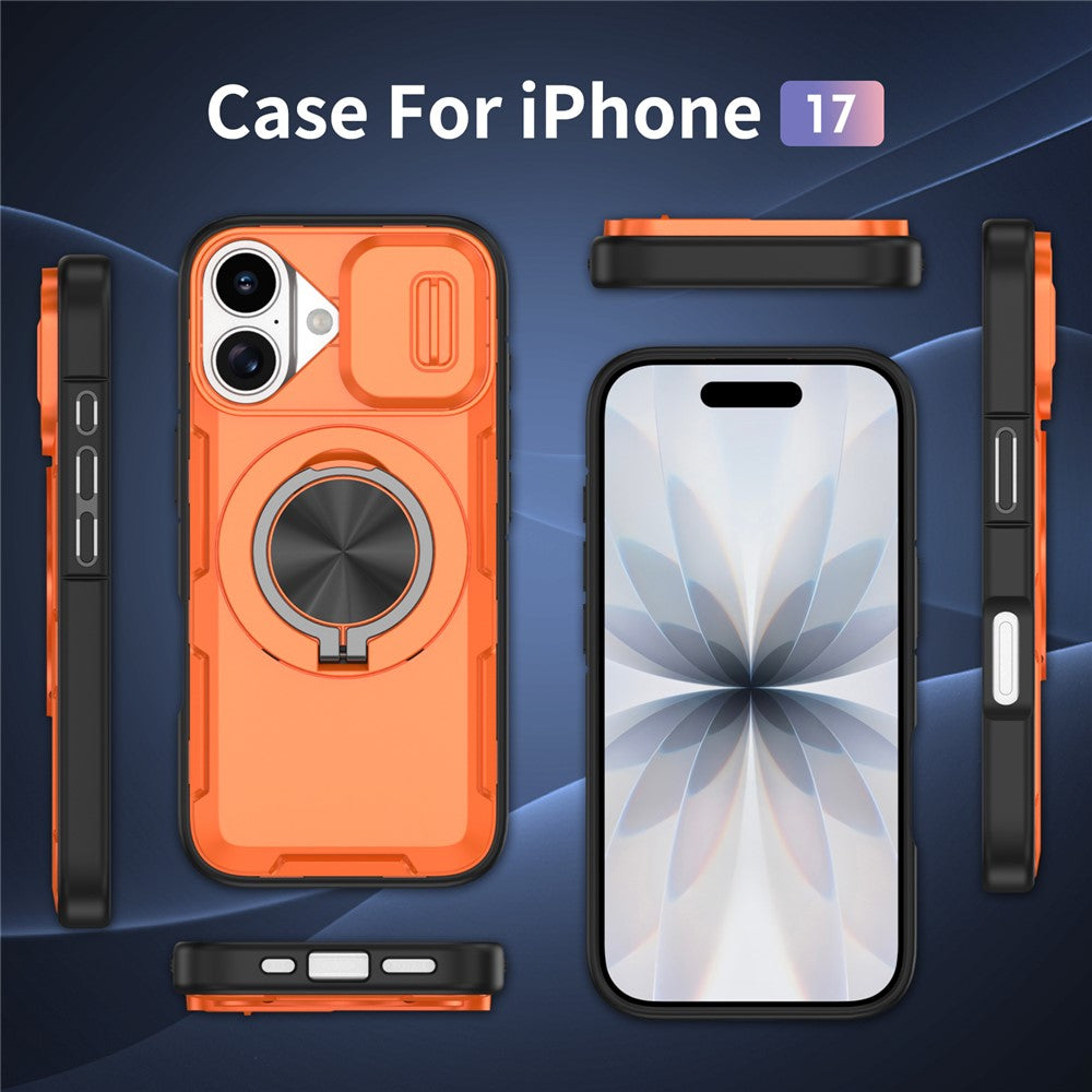 For iPhone 17 Magnetic Case Slide Camera Cover Rotary Kickstand PC + TPU Phone Shell