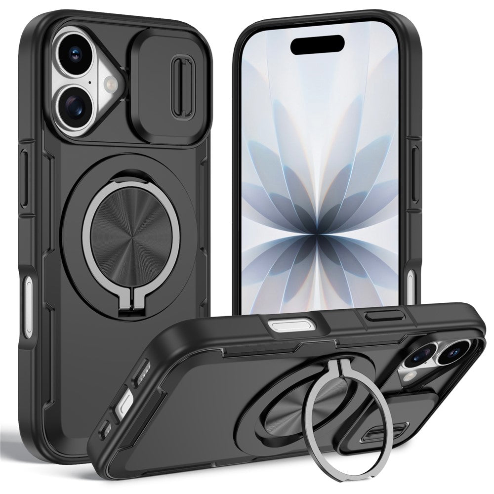 For iPhone 17 Magnetic Case Slide Camera Cover Rotary Kickstand PC + TPU Phone Shell