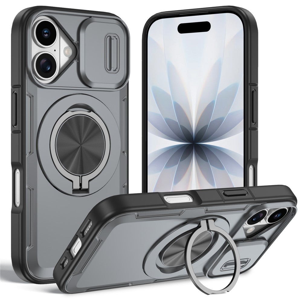 For iPhone 17 Magnetic Case Slide Camera Cover Rotary Kickstand PC + TPU Phone Shell